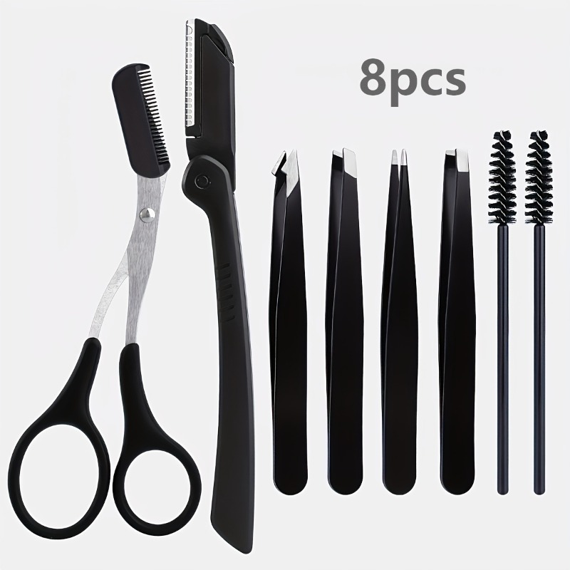 Mens Grooming Kit Bag - ชุดอุปกรณ์ตกแต่งคิ้วสแตนเลส 8 ชิ้น, ชุดพกพาสีดำสำหรับผู้หญิงและผู้ชาย, ประกอบด้วยแปรงปัดคิ้ว, มีดโกน,